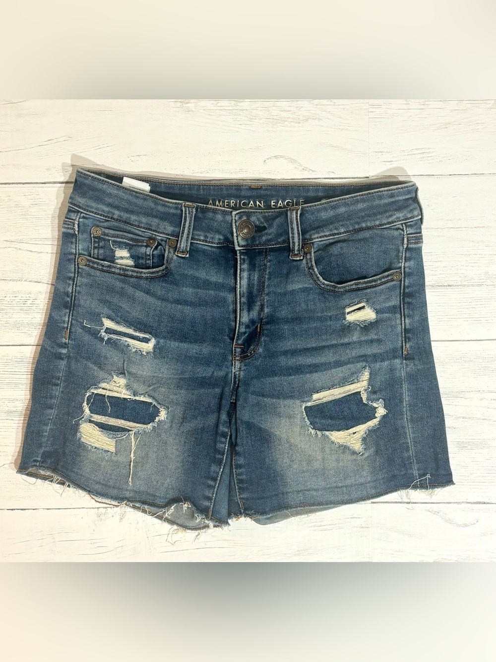 American Eagle Distressed Denim Shorts Size 6 Mid Rise Cutoff